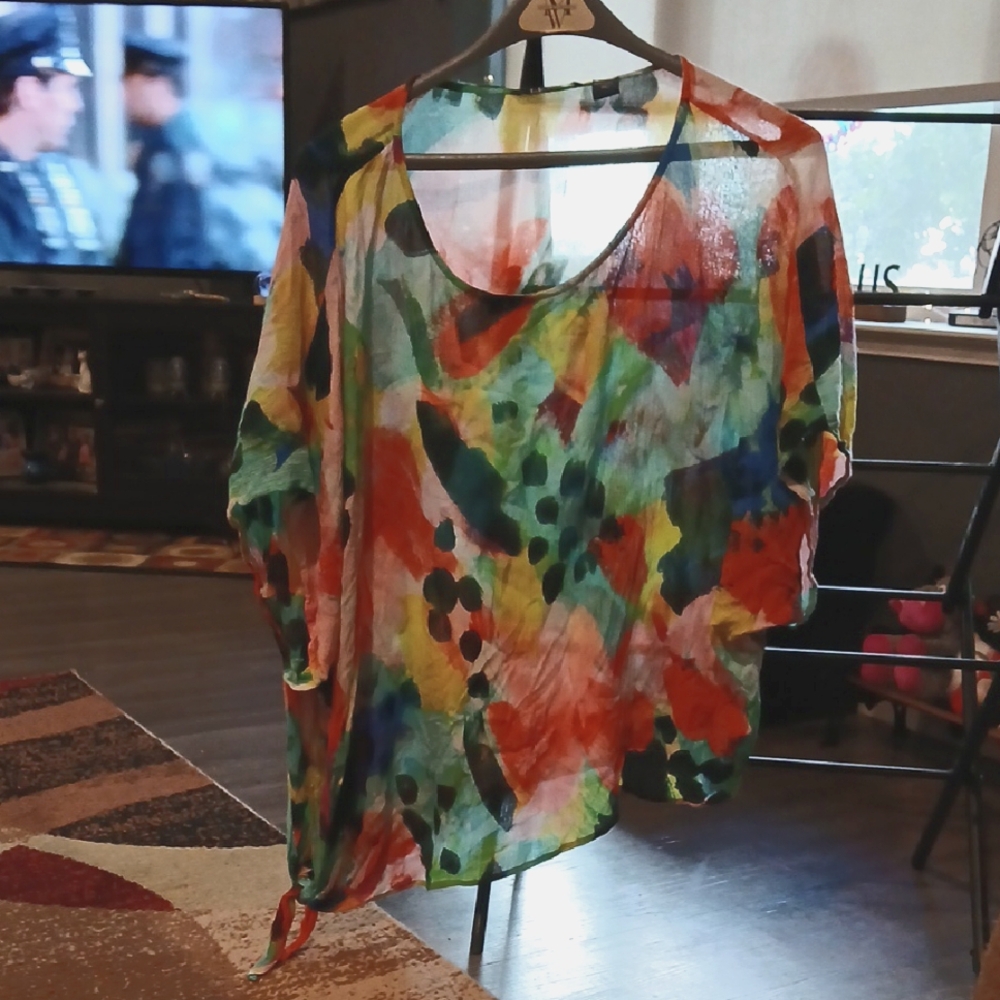 Orange and Green Asymmetrical 3/4 Sleeve Blouse